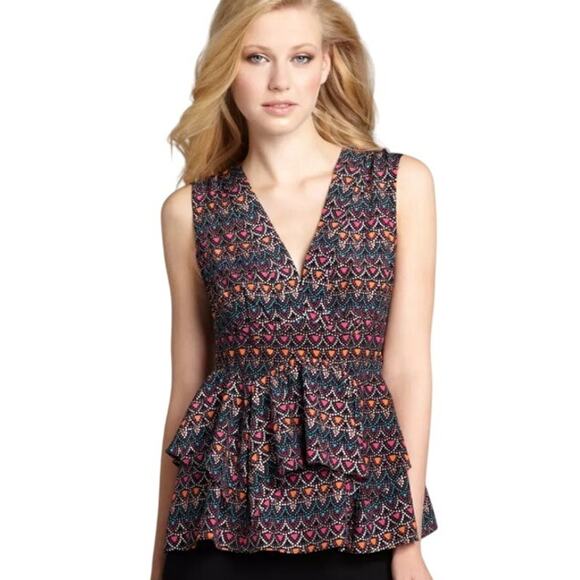 Nanette Lepore Top Womens 2 Black Multi Sleeveless V Neck Blouse Silk Geometric - Picture 2 of 9
